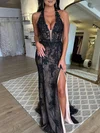 Trumpet/Mermaid Halter Lace Sweep Train Prom Dresses With Split Front #UKM020121375