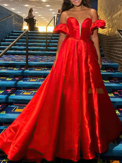 Ball Gown/Princess Off-the-shoulder Satin Sweep Train Prom Dresses With Pockets #UKM020121378