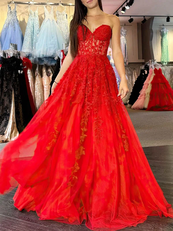 Ball Gown/Princess Sweetheart Tulle Sweep Train Prom Dresses With Appliques Lace #UKM020121386