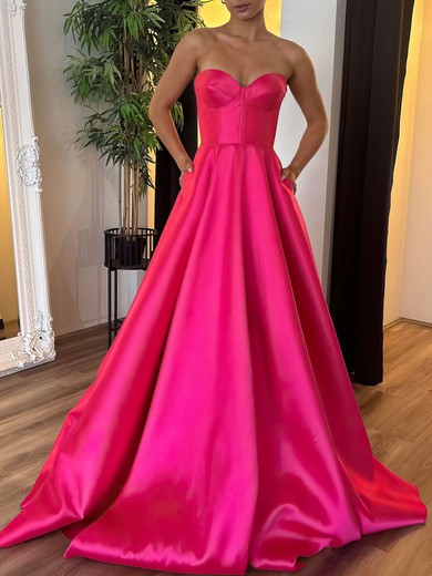 Ball Gown/Princess Sweetheart Satin Sweep Train Prom Dresses With Pockets #UKM020121389