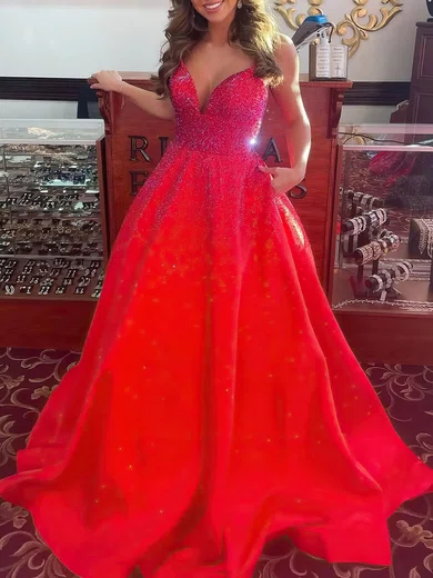 Ball Gown V-neck Satin Beaded Prom Dresses With Ruched #UKM020121392