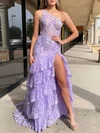 Trumpet/Mermaid One Shoulder Tulle Sweep Train Prom Dresses With Tiered #UKM020121395