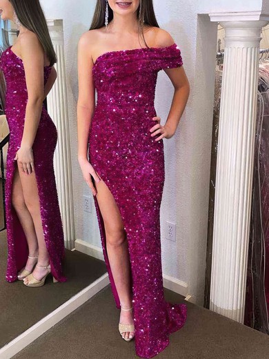 Sheath/Column One Shoulder Velvet Sequins Sweep Train Prom Dresses With Split Front #UKM020121402