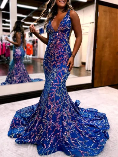 Mermaid V-neck Backless Sparkly Sequin Prom Dresses #UKM020121413