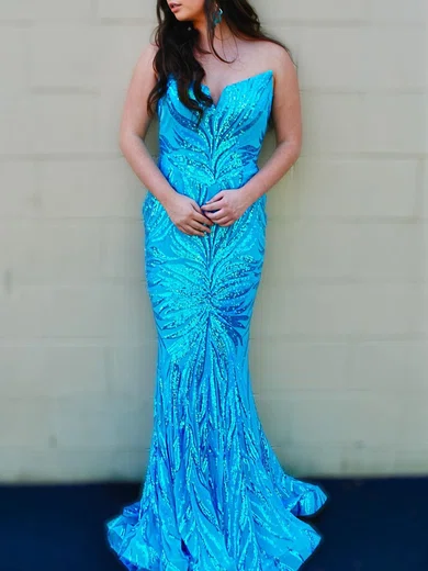 Trumpet/Mermaid V-neck Sequined Sweep Train Prom Dresses #UKM020121416