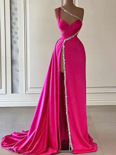 Sheath/Column One Shoulder Satin Prom Dresses With Beading #UKM020121423