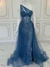 Trumpet/Mermaid One Shoulder Tulle Glitter Watteau Train Prom Dresses With Appliques Lace #UKM020121432