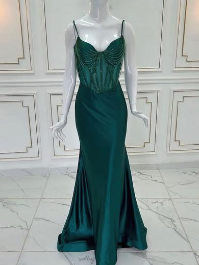 Trumpet/Mermaid V-neck Silk-like Satin Sweep Train Prom Dresses With Beading #UKM020121436