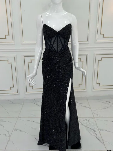 Black Mermaid V-neck Sparkly Sequin Prom Dresses With Ruched #UKM020121437