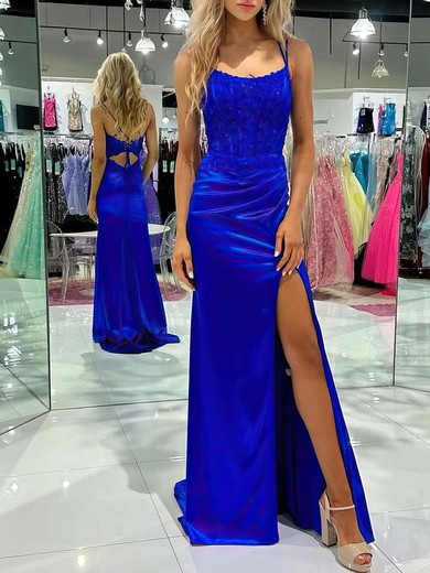 Trumpet/Mermaid Scoop Neck Silk-like Satin Sweep Train Prom Dresses With Appliques Lace #UKM020121442