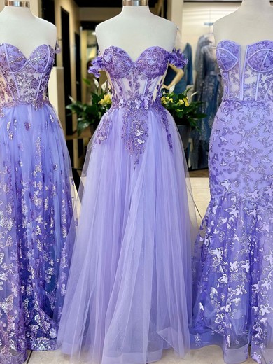 Ball Gown/Princess Off-the-shoulder Tulle Glitter Floor-length Prom Dresses With Appliques Lace #UKM020121448