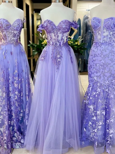 Ball Gown Off-the-shoulder Tulle 3D Floral Prom Dresses With Appliques #UKM020121448