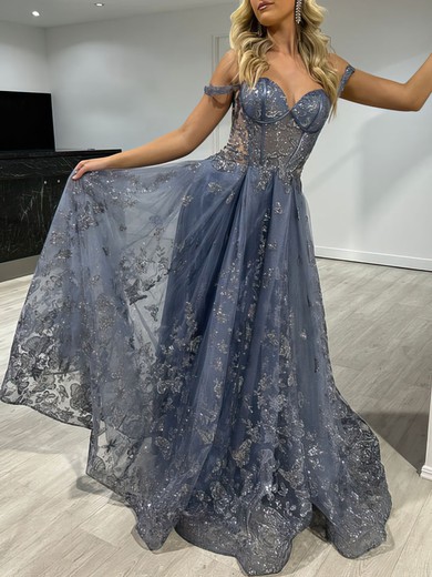 Ball Gown/Princess Off-the-shoulder Tulle Sweep Train Prom Dresses With Appliques Lace #UKM020121449