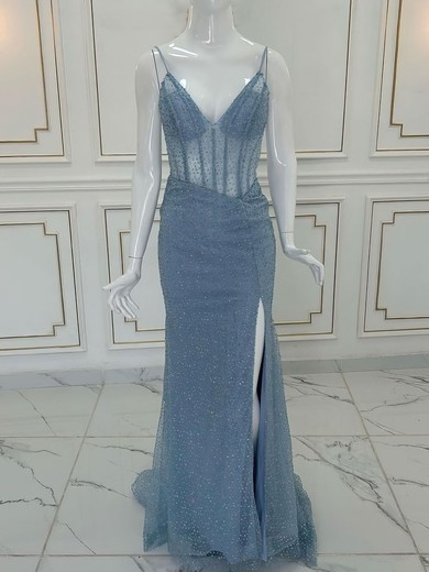 Trumpet/Mermaid V-neck Glitter Sweep Train Prom Dresses With Split Front #UKM020121451