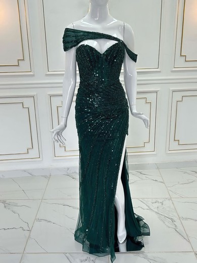 Trumpet/Mermaid One Shoulder Tulle Sweep Train Prom Dresses With Beading #UKM020121454