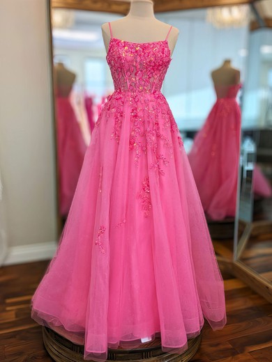Ball Gown/Princess Square Neckline Tulle Glitter Floor-length Prom Dresses With Appliques Lace #UKM020121456