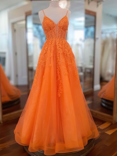 Ball Gown/Princess V-neck Tulle Glitter Floor-length Prom Dresses With Appliques Lace #UKM020121457