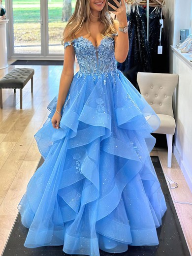 Ball Gown/Princess Off-the-shoulder Glitter Sweep Train Prom Dresses With Appliques Lace #UKM020121463