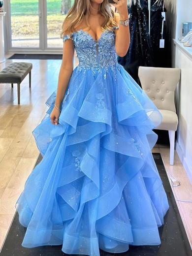 Ball Gown/Princess Off-the-shoulder Glitter Sweep Train Prom Dresses With Appliques Lace #UKM020121463