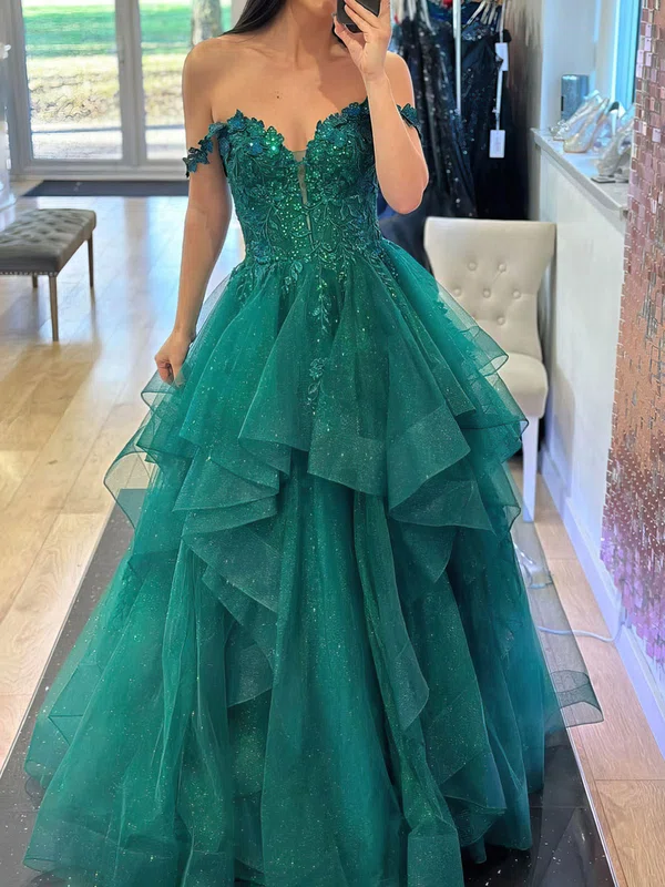 Ball Gown/Princess Off-the-shoulder Glitter Floor-length Prom Dresses With Appliques Lace #UKM020121464