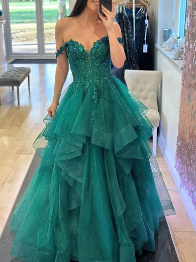 Ball Gown/Princess Off-the-shoulder Glitter Floor-length Prom Dresses With Appliques Lace #UKM020121464