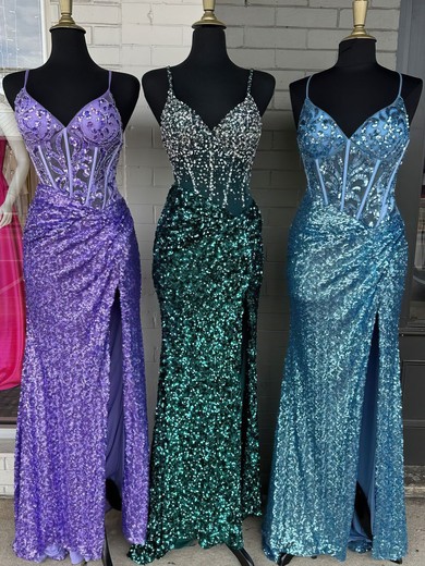 Sheath/Column V-neck Sequined Sweep Train Prom Dresses With Appliques Lace #UKM020121504