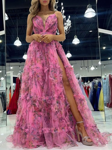 Ball Gown/Princess V-neck Tulle Sweep Train Prom Dresses With Sashes / Ribbons #UKM020121522