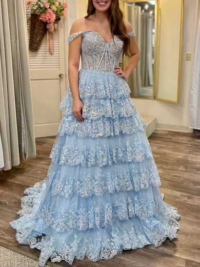 Ball Gown/Princess Off-the-shoulder Tulle Sweep Train Prom Dresses With Appliques Lace #UKM020121524