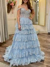 Ball Gown/Princess Off-the-shoulder Tulle Sweep Train Prom Dresses With Appliques Lace #UKM020121524