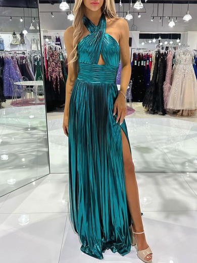 A-line Halter Metallic Sweep Train Prom Dresses With Ruched #UKM020121525