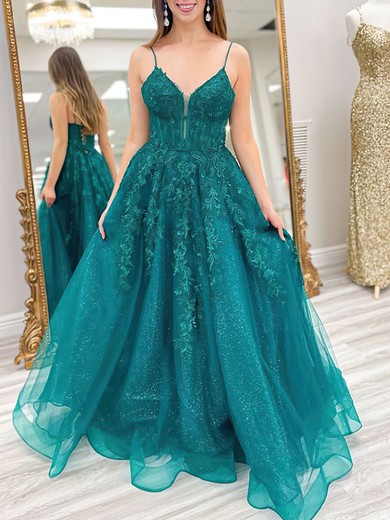 Ball Gown/Princess V-neck Tulle Glitter Sweep Train Prom Dresses With Appliques Lace #UKM020121531