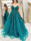 Ball Gown/Princess V-neck Tulle Glitter Sweep Train Prom Dresses With Appliques Lace #UKM020121531
