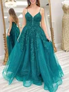 Ball Gown/Princess V-neck Tulle Glitter Sweep Train Prom Dresses With Appliques Lace #UKM020121531