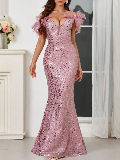 Trumpet/Mermaid Off-the-shoulder Sequined Floor-length Prom Dresses With Feathers / Fur #UKM020121551