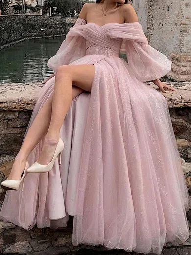 Ball Gown Off-the-shoulder Ruched Tulle Prom Dresses With Puff Sleeve #UKM020121554