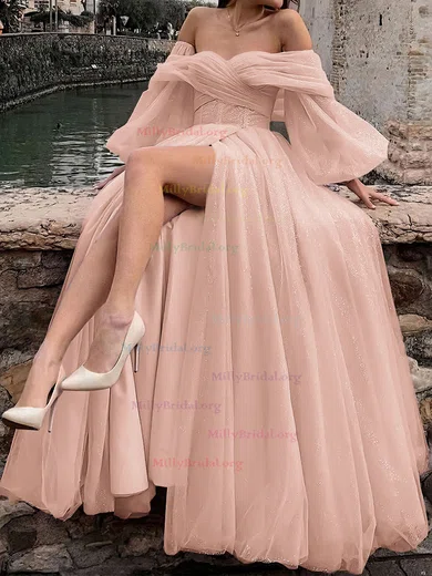 Ball Gown Princess Off the shoulder Glitter Sweep Train Prom Dresses With Ruched