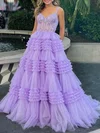 Ball Gown/Princess V-neck Tulle Glitter Sweep Train Prom Dresses With Appliques Lace #UKM020121560