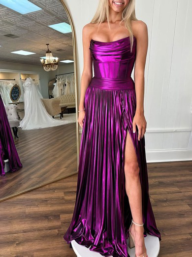 A-line Straight Metallic Sweep Train Prom Dresses With Ruched #UKM020121568