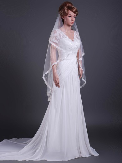 Two-tier Fingertip Wedding Veils with Lace Applique Edge #1430003