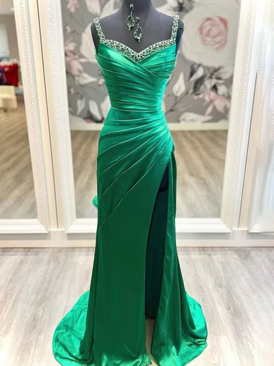 Mermaid V-neck Ruched Satin Prom Dresses With Beading #UKM020121570