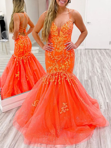 Trumpet/Mermaid V-neck Glitter Sweep Train Prom Dresses With Appliques Lace #UKM020121580