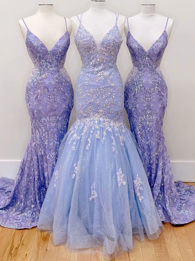 Trumpet/Mermaid V-neck Tulle Glitter Sweep Train Prom Dresses With Appliques Lace #UKM020121581
