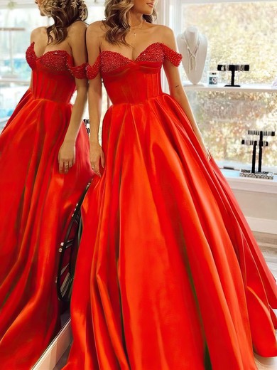 Ball Gown/Princess Off-the-shoulder Satin Sweep Train Prom Dresses With Beading #UKM020121591