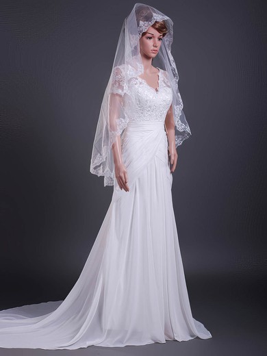 Beautiful Two-tier Elbow Wedding Veils with Lace Applique Edge #1430004