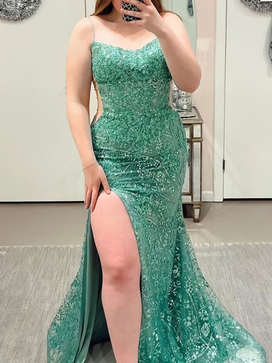 Trumpet/Mermaid Scoop Neck Glitter Sweep Train Prom Dresses With Split Front #UKM020121604