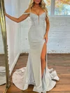 Trumpet/Mermaid V-neck Jersey Sweep Train Prom Dresses With Split Front #UKM020121619