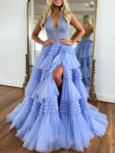 Ball Gown/Princess Halter Tulle Glitter Sweep Train Prom Dresses With Appliques Lace #UKM020121624