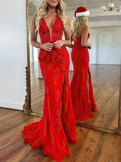 Trumpet/Mermaid Halter Tulle Sweep Train Prom Dresses With Appliques Lace #UKM020121626