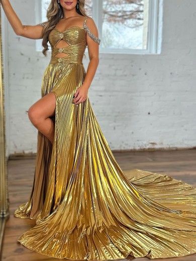 A-line Sweetheart Metallic Court Train Prom Dresses With Beading #UKM020121627