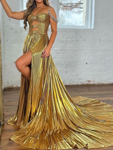 A-line Sweetheart Metallic Court Train Prom Dresses With Beading #UKM020121627